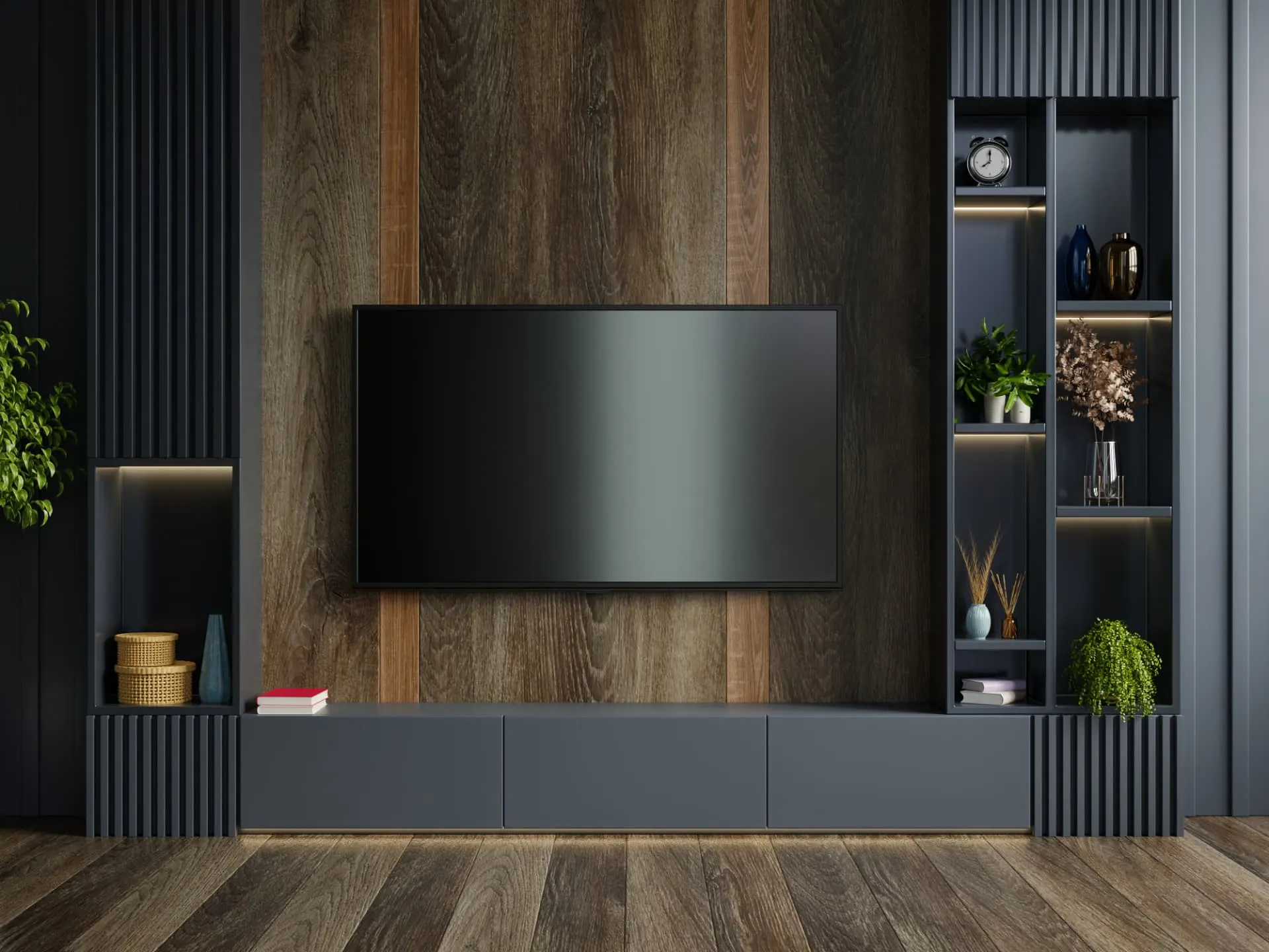 Timber-panelled media wall with wall-mounted TV and lit shelving