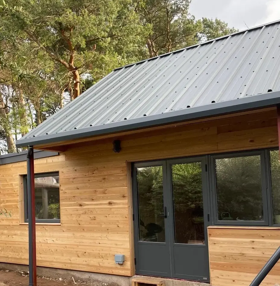 Larch-clad new build with grey metal roof set among trees